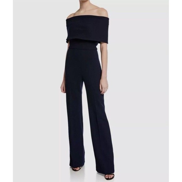 Lela Rose 2 Women's Blue Wool Fold-Over Off-The-Shoulder Jumpsuits - Picture 1 of 16
